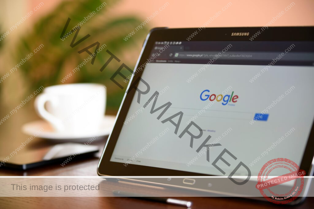 Samsung tablet on desk showing Google homepage, perfect for technology-related content.