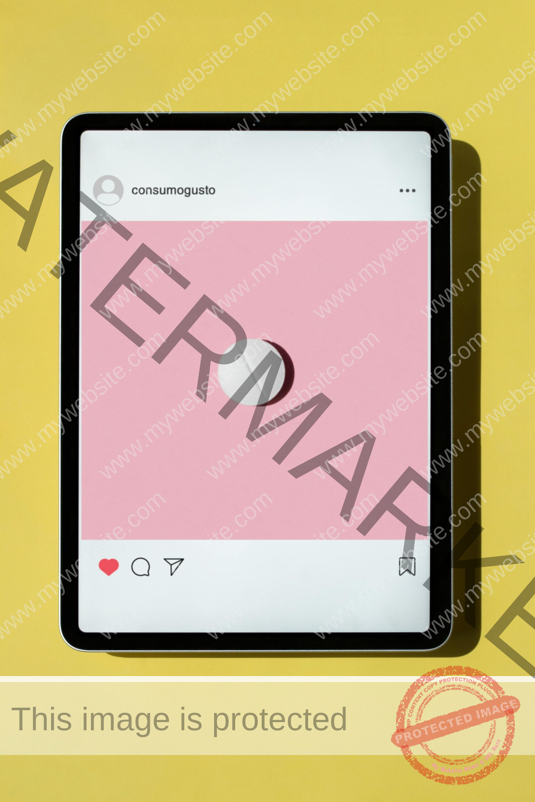 A tablet showing a minimalist pink design on a vibrant yellow surface, featuring an Instagram-like layout.